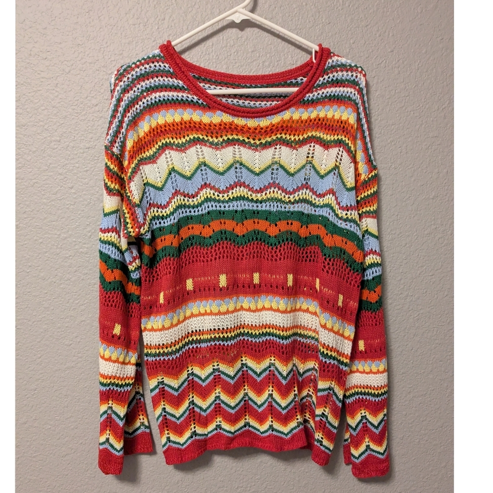NEW Red Rainbow Multicolor Striped Hollowed Knit Women's Sweater Loose Sleeve M - Picture 3 of 7